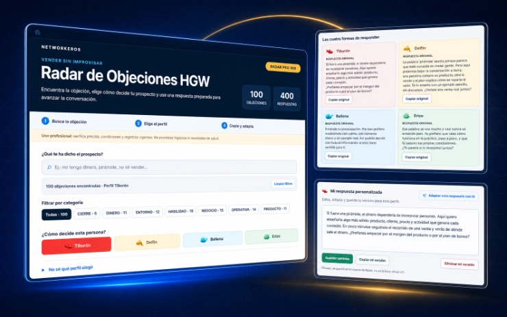 mockup-radar-pro-100- Radar Pro 100 con 100 objeciones, comparación de cuatro perfiles y respuestas personalizadas.